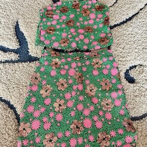 Topshop Sequin Floral Skirt in Green and Pink